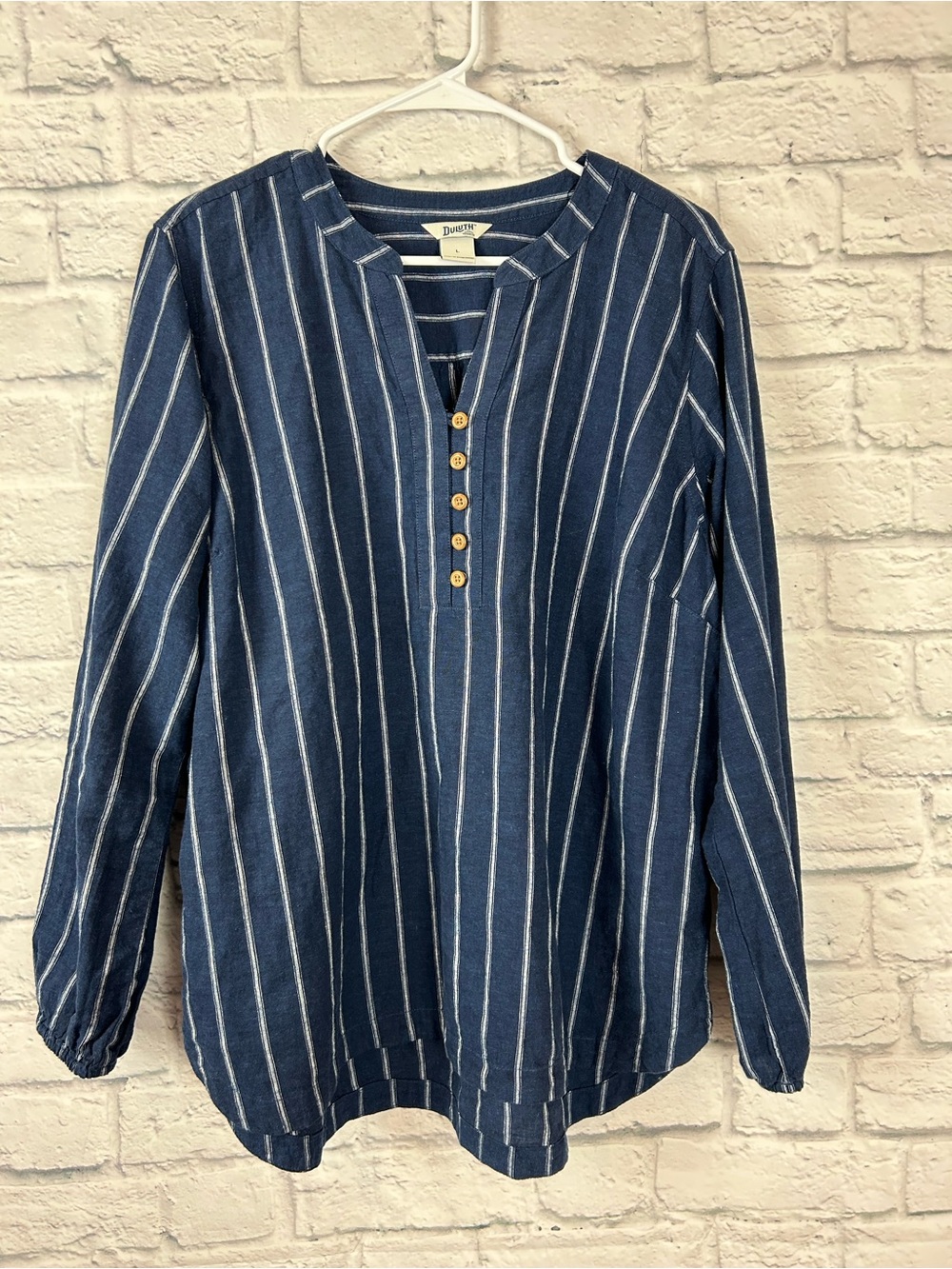 Duluth Trading Women’s Large Hemp Organic Cotton Striped Tunic Blouse Blue